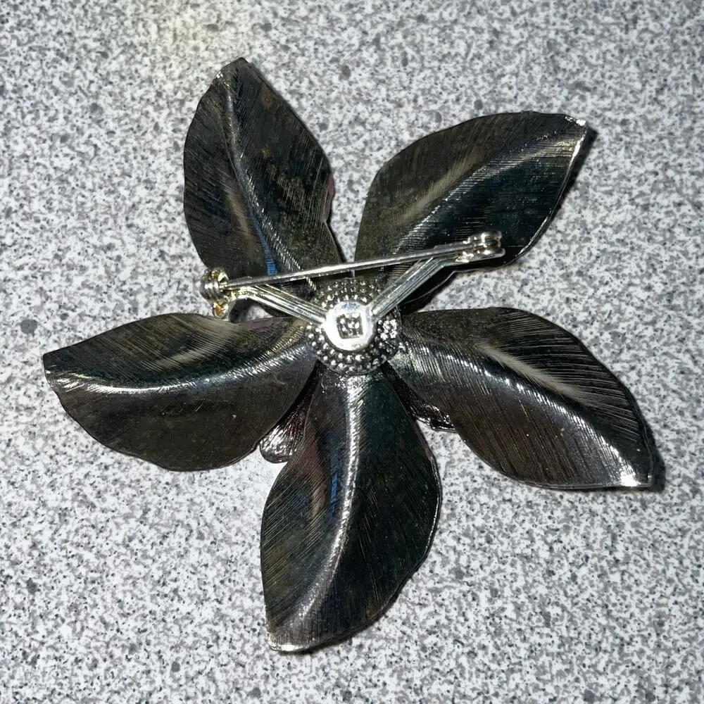 Large Purple Pink Enamel Flower Brooch with accent Rhinestone Floral Pin Vintage